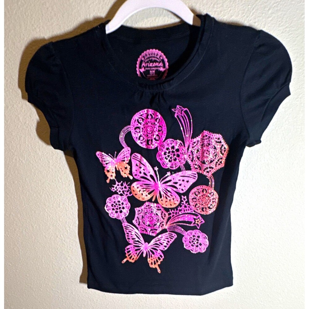 Arizona Jean Company Girls Black Pink Butterfly Glitter Tee M (10-12) Cotton